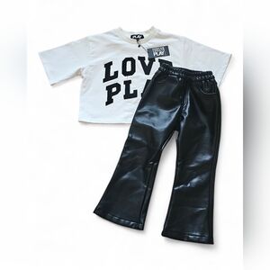 Girls “LOVE PLAY” Graphic Tee & Faux Leather Flare Pants Outfit Set Size 8T/9T